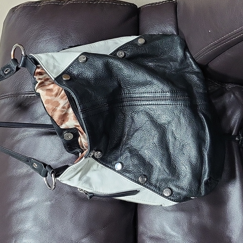 B. Makowsky Color Block Leather Shoulder Bag Leopard Interior Studs HoBo